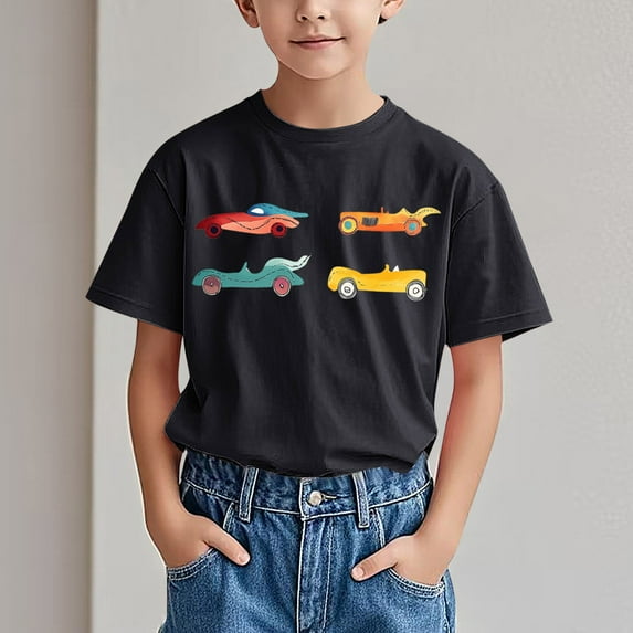 Wancir Transportation Shirt for 3-14T Boys Funny Cartoon T-Shirt Short Sleeve Car Train Excavator Shirts