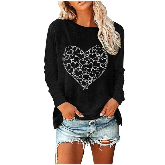 Wancir Valentine's Day T Shirts for Women Funny Double Heart Graphic T Shirts Valentines Gift Shirt Long Sleeve Couple Tee Tops