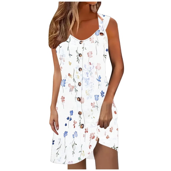 Wancir Vintage Floral V-Neck Camisole Dress with Fake Buttons for Spring/Summer Casual