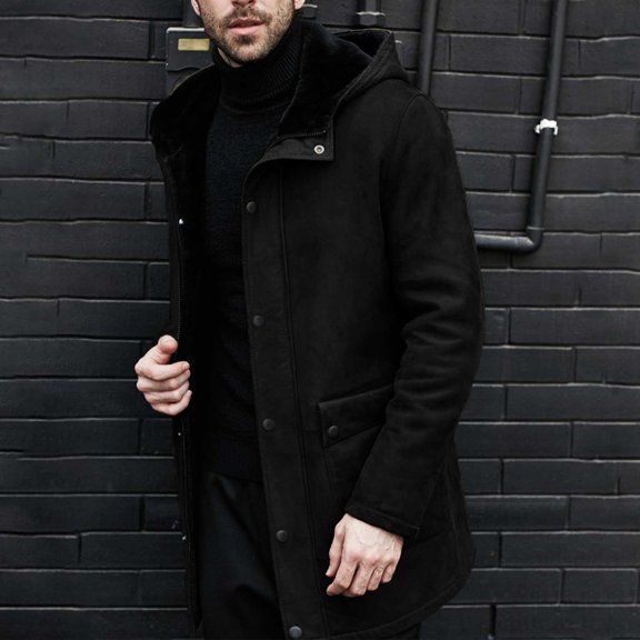 Wancir Vintage Suede Pocket Long Leather Jacket Plush Sherpa Fleece Lined Hooded Coat Mens Outdoor Outwear Retro Trench Top