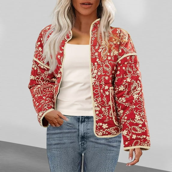 Wancir Warm Quilted Jackets for Women Long Sleeve Floral Print Button Down Puffer Jacket Coats with Pockets