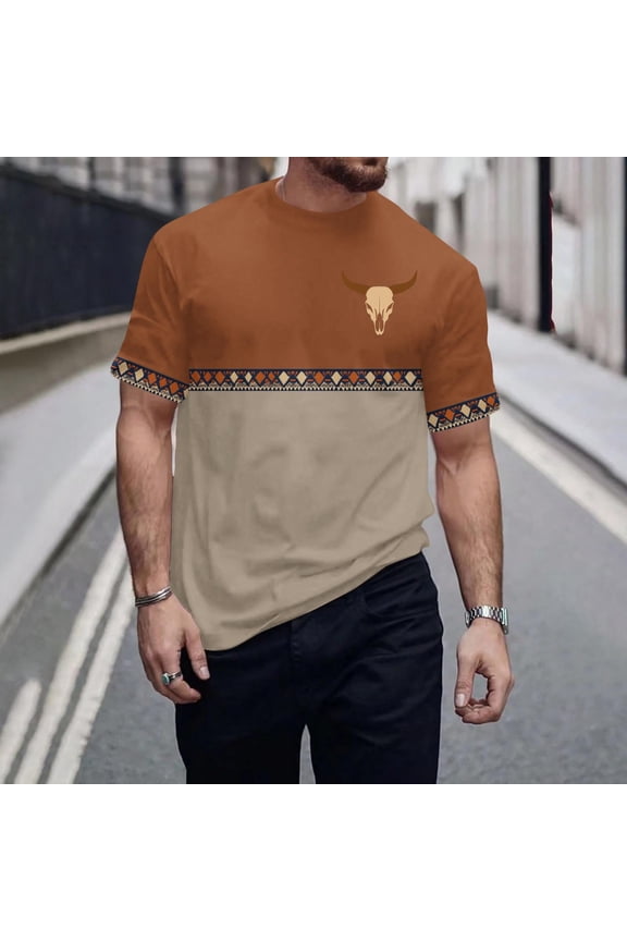 Wancir Western T Shirts for Men Short Sleeve Vintage Western Aztec Shirts Retro Deer Reindeer Graphic Tee