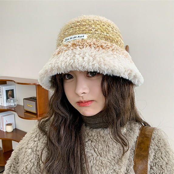 Wancir Winter Bucket Hat Fluffy Faux Fur Fisherman Cap for Women Men Solid Color Style