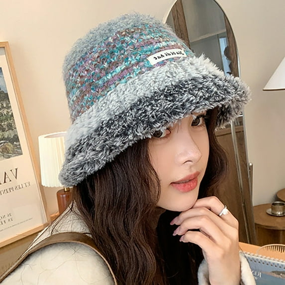 Wancir Winter Bucket Hat Fluffy Faux Fur Fisherman Cap for Women Men Solid Color Style