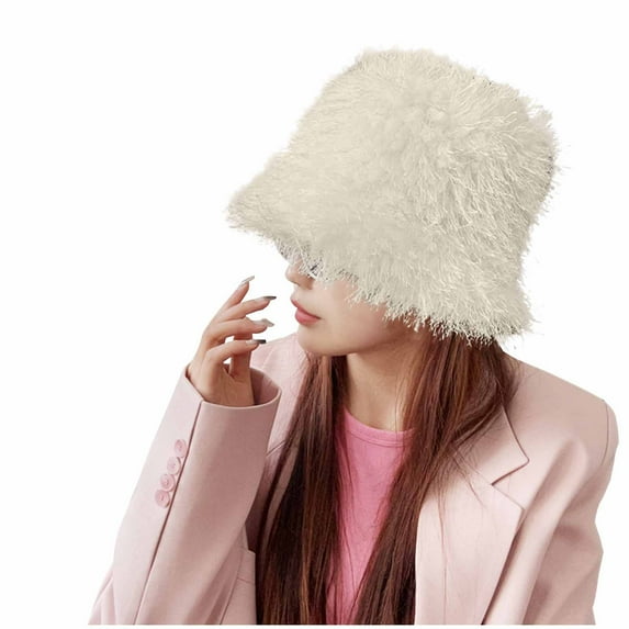 Wancir Winter Faux Fur Furry Bucket Hat Fluffy Fuzzy Warm Hat Plush Fisherman Hat for Women Teens Girls