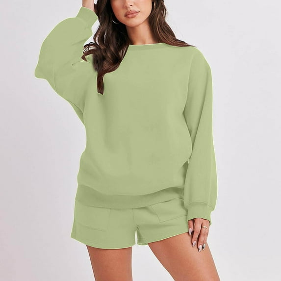 Wancir Women 2 Piece Outfits Sweatsuit Oversized Sweatshirt Lounge Sets 2024 Fashion Long Sleeve Shorts Matching Sets with Pockets