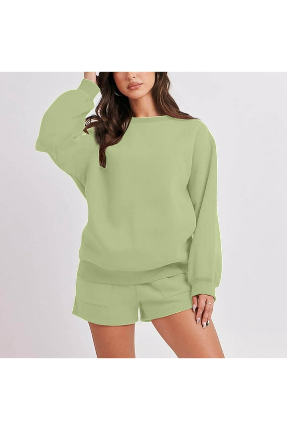 Wancir Women 2 Piece Outfits Sweatsuit Oversized Sweatshirt Lounge Sets 2024 Fashion Long Sleeve Shorts Matching Sets with Pockets