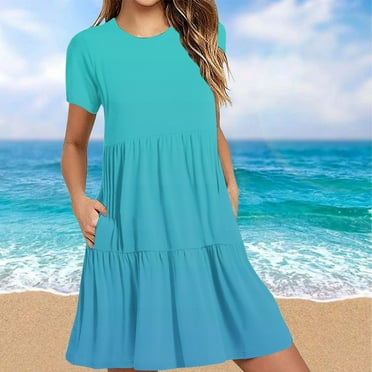 Wancir Women 2024 Casual Summer Dresses Spring V Neck Short Sleeve Knee Length Beach Dress with Pockets