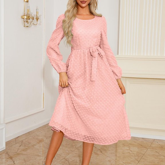 Wancir Women 2024 Puff Long Sleeve Crewneck Smocked Maxi Dress Solid Empire Waist Tiered A-line Swing Flowy Long Dress