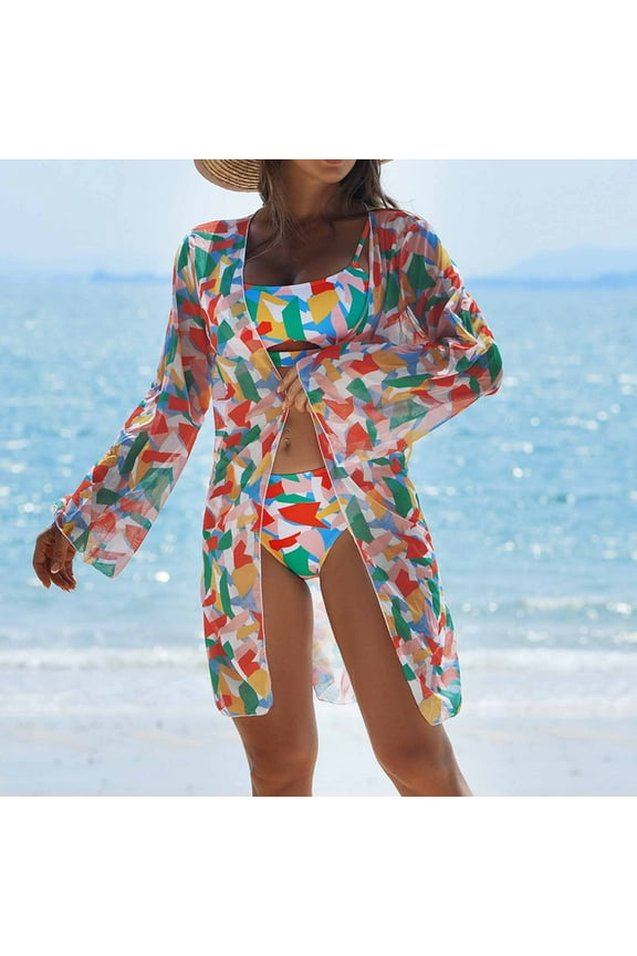 Wancir Women Bathing Suit 3 Piece Swimsuit Drawstring Bikini Set Long Sleeve Beach Cover Up Boho Swimwear Set with Boy Shorts