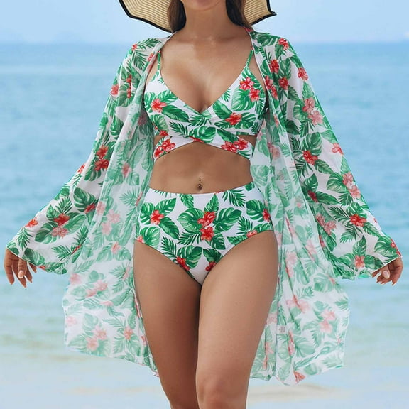 Wancir Women Bathing Suit 3 Piece Swimsuit Drawstring Bikini Set Long Sleeve Beach Cover Up Boho Swimwear Set with Boy Shorts