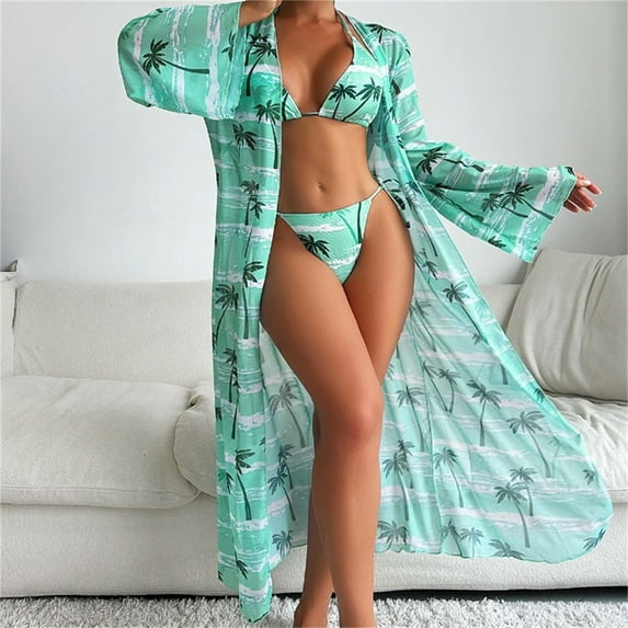 Wancir Women Bathing Suit 3 Piece Swimsuit Drawstring Bikini Set Long Sleeve Beach Cover Up Boho Swimwear Set with Boy Shorts
