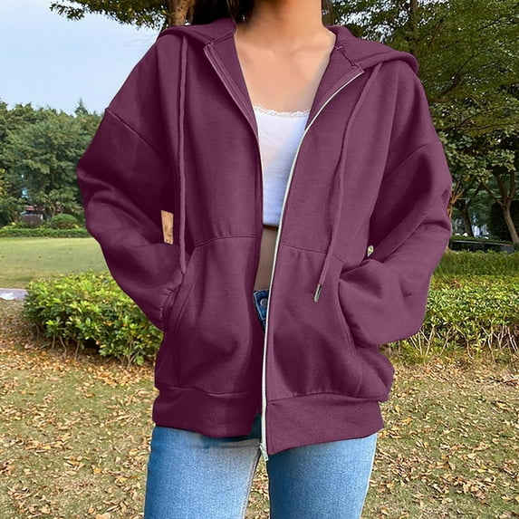 Wancir Women Casual Full Zip Up Hoodie Comfy Loose Long Sleeve Sweatshirt Solid Color Jacket with Pockets