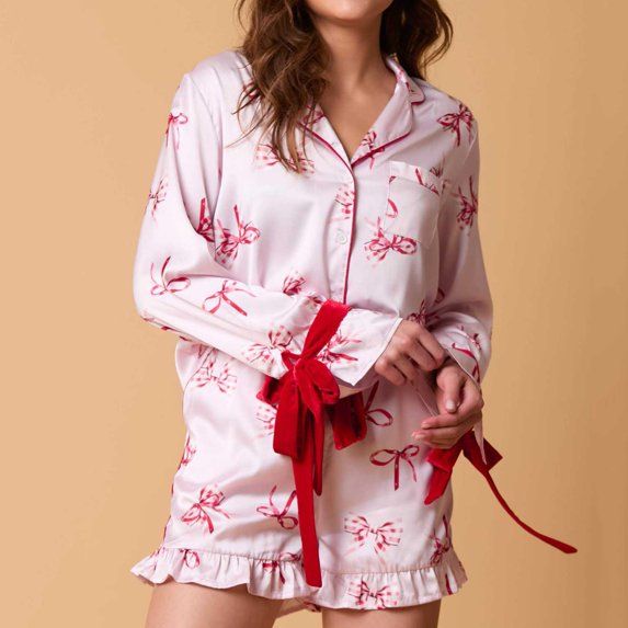 Wancir Women Christmas 2 Piece Pajamas Set Bow Tie Button Long Sleeve Shirts Ruffle Shorts Cute Pjs Sets Sleepwear