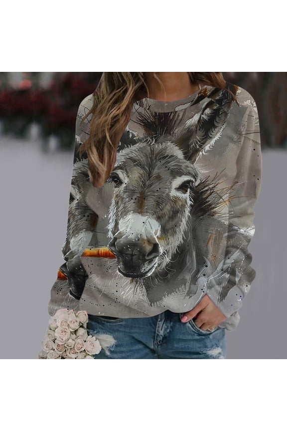 Wancir Women Comfy Sweatshirt Donkey Print Solid Crew Neck Long Sleeve Cute Pullover Top