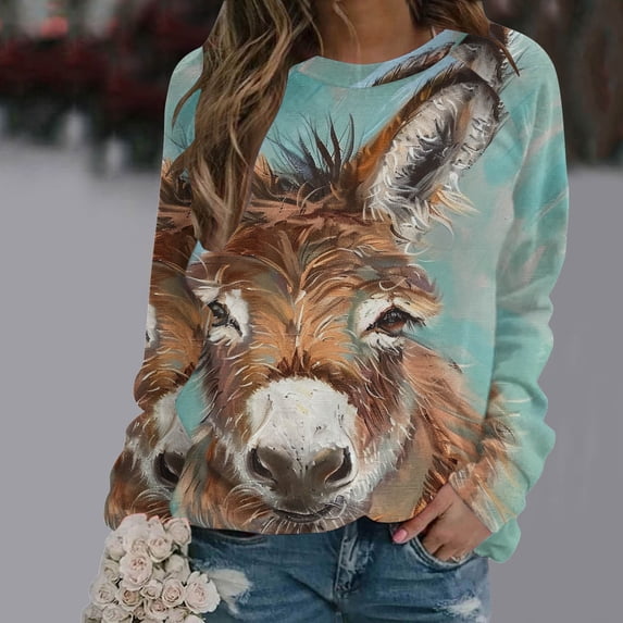 Wancir Women Comfy Sweatshirt Donkey Print Solid Crew Neck Long Sleeve Cute Pullover Top