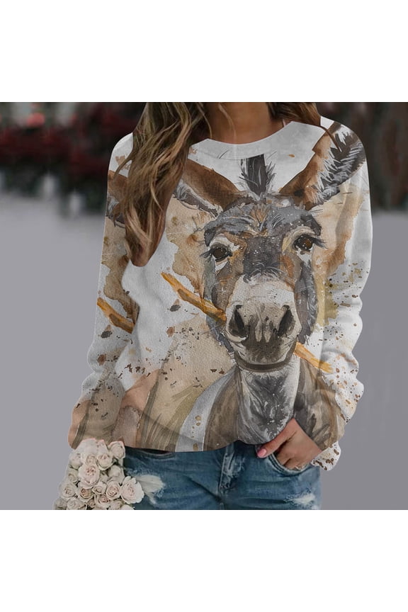 Wancir Women Comfy Sweatshirt Donkey Print Solid Crew Neck Long Sleeve Cute Pullover Top