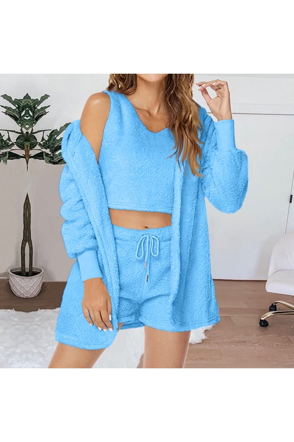 Wancir Women Fuzzy 3 Piece Outfit Pajamas, Hooded Cardigan Outwear Sleeveless Crop Tops Shorts Nightwear Set (S-3XL)