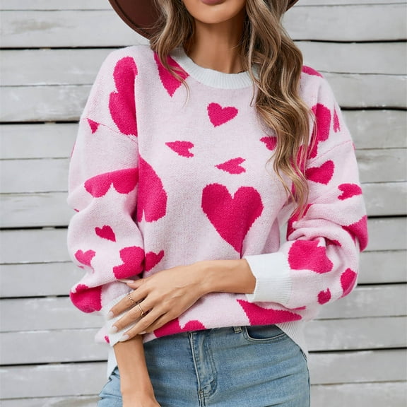 Wancir Women Heart Print Sweater Romantic Oversized Knitted Shirt Valentine's Day Love Graphic Long Sleeve Pullover Top