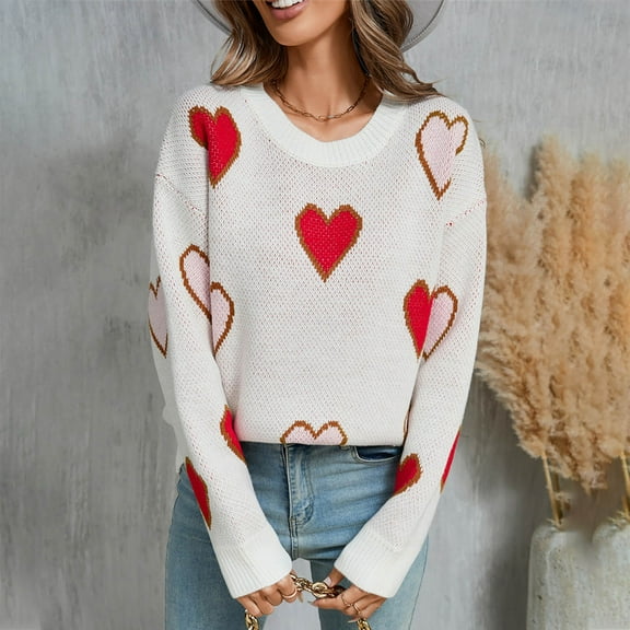 Wancir Women Heart Print Sweater Romantic Oversized Knitted Shirt Valentine's Day Love Graphic Long Sleeve Pullover Top