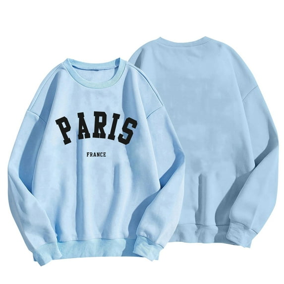 Wancir Women Long Sleeve PARIS Sweatshirts Round Neck Pullover Loose Lightweight Blouse Tops