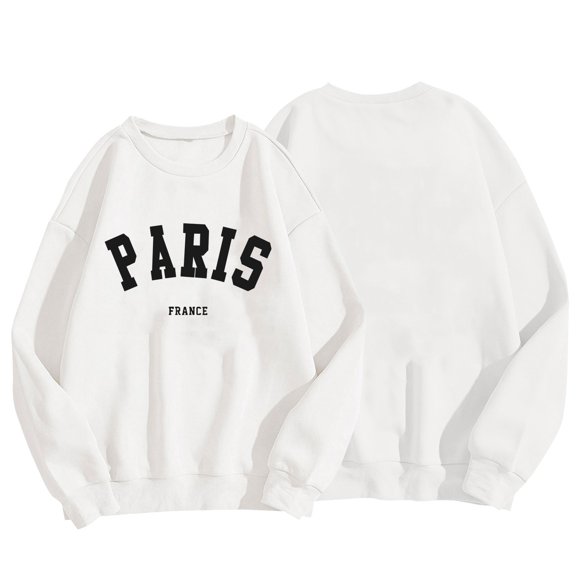 Wancir Women Long Sleeve PARIS Sweatshirts Round Neck Pullover Loose Lightweight Blouse Tops