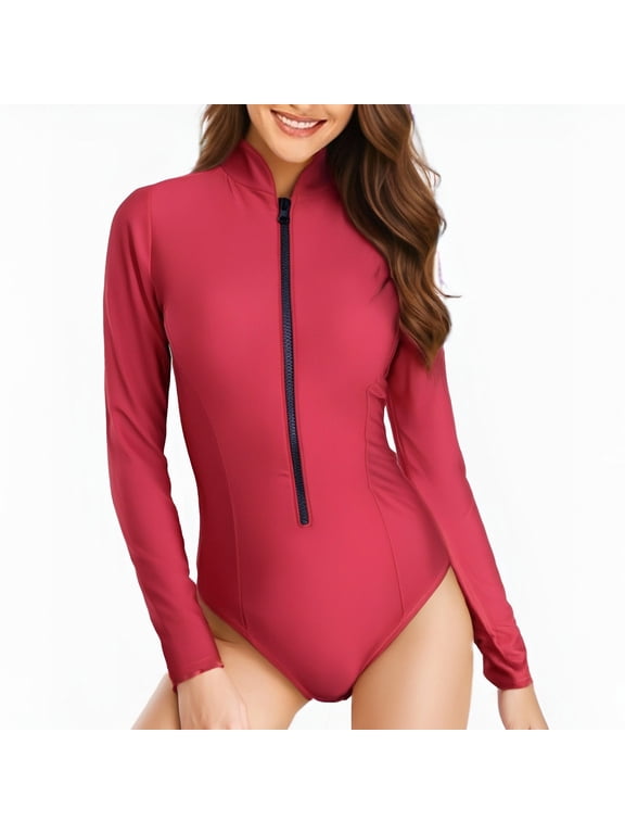 Wancir Women Long Sleeve Rash Guard One Piece Swimsuit Zipper Surfing Bathing Suit UPF 50