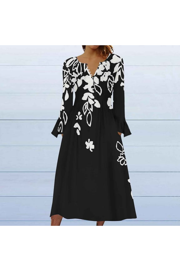 Wancir Women Long Sleeve V-Neck Casual Long Dress Pleated Waist Maxi Dresses with Pockets