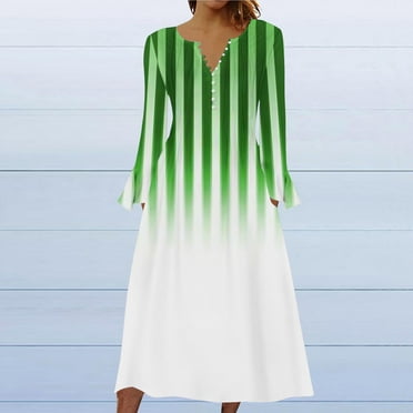 Wancir Women Long Sleeve V-Neck Casual Long Dress Pleated Waist Maxi Dresses with Pockets