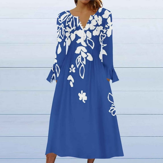 Wancir Women Long Sleeve V-Neck Casual Long Dress Pleated Waist Maxi Dresses with Pockets