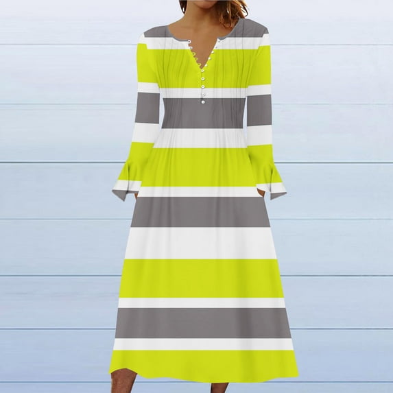 Wancir Women Long Sleeve V-Neck Casual Long Dress Pleated Waist Maxi Dresses with Pockets