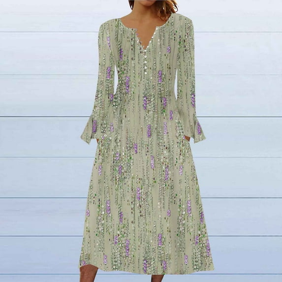 Wancir Women Long Sleeve V-Neck Casual Long Dress Pleated Waist Maxi Dresses with Pockets