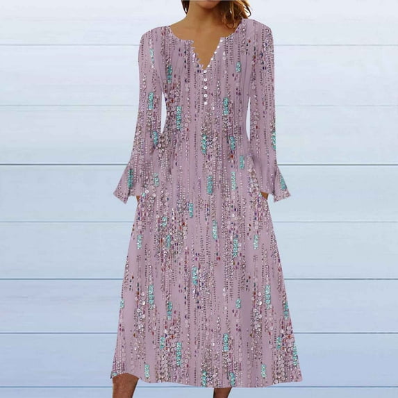 Wancir Women Long Sleeve V-Neck Casual Long Dress Pleated Waist Maxi Dresses with Pockets