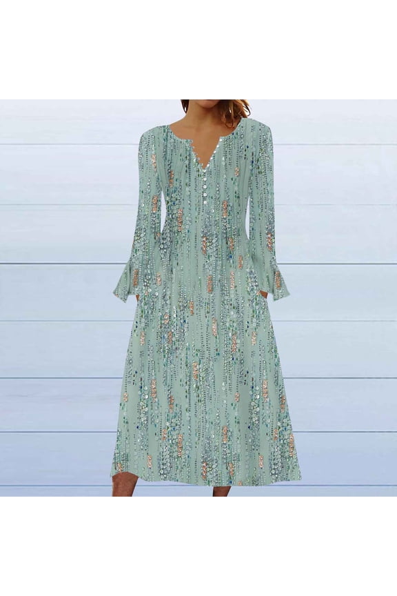 Wancir Women Long Sleeve V-Neck Casual Long Dress Pleated Waist Maxi Dresses with Pockets