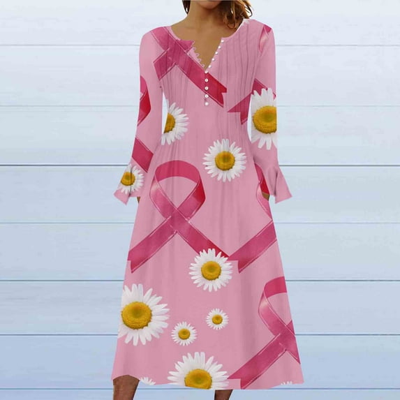 Wancir Women Long Sleeve V-Neck Casual Long Dress Pleated Waist Maxi Dresses with Pockets