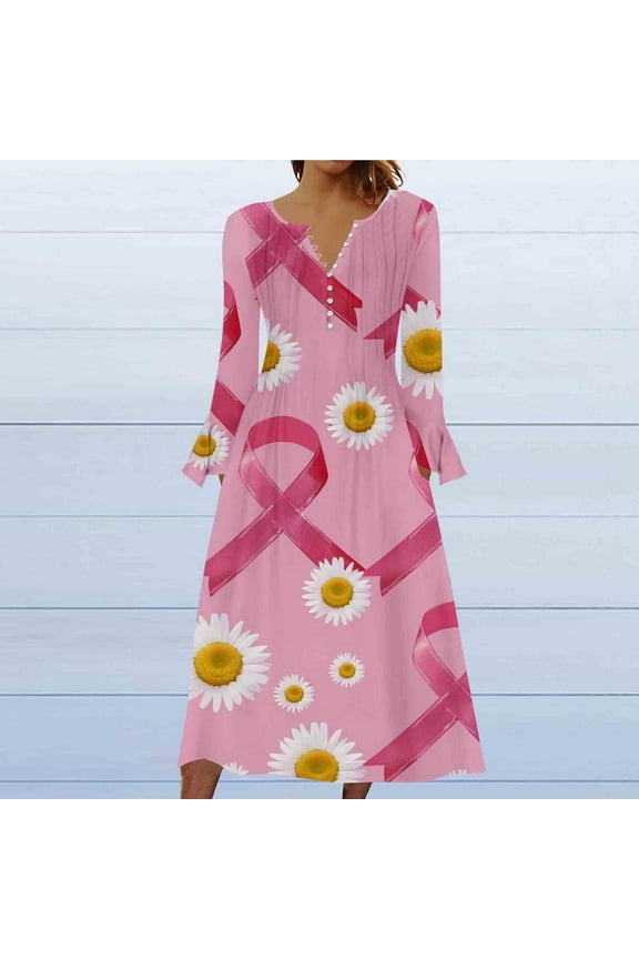 Wancir Women Long Sleeve V-Neck Casual Long Dress Pleated Waist Maxi Dresses with Pockets