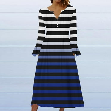 Wancir Women Long Sleeve V-Neck Casual Long Dress Pleated Waist Maxi Dresses with Pockets