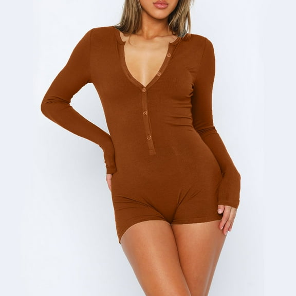 Wancir Women Long Sleeve V Neck Rompers Ribbed Button Down Yoga Rompers Sexy Pajama Unitard Outfit