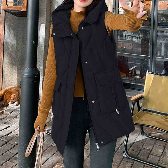 Wancir Women Long Vest Solid Color Sleeveless Hood Winter Puffer Vest Outwear