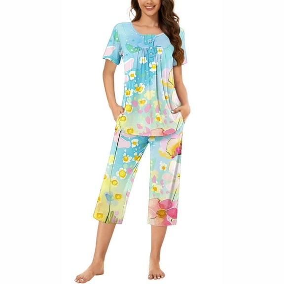 Wancir Women Pajama Sets Two-Piece Nightwear Short Sleeve Sleepwear 1/4 Button Down Pj Lounge Sets with Long Pants