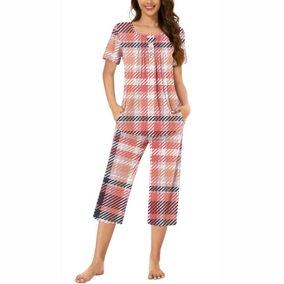 Wancir Women Pajama Sets Two-Piece Nightwear Short Sleeve Sleepwear 1/4 Button Down Pj Lounge Sets with Long Pants