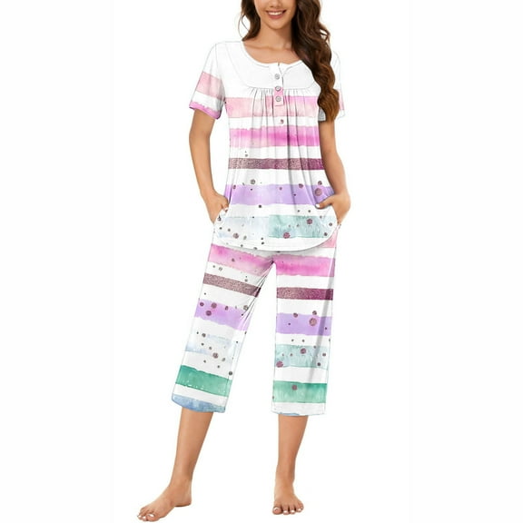 Wancir Women Pajama Sets Two-Piece Nightwear Short Sleeve Sleepwear 1/4 Button Down Pj Lounge Sets with Long Pants