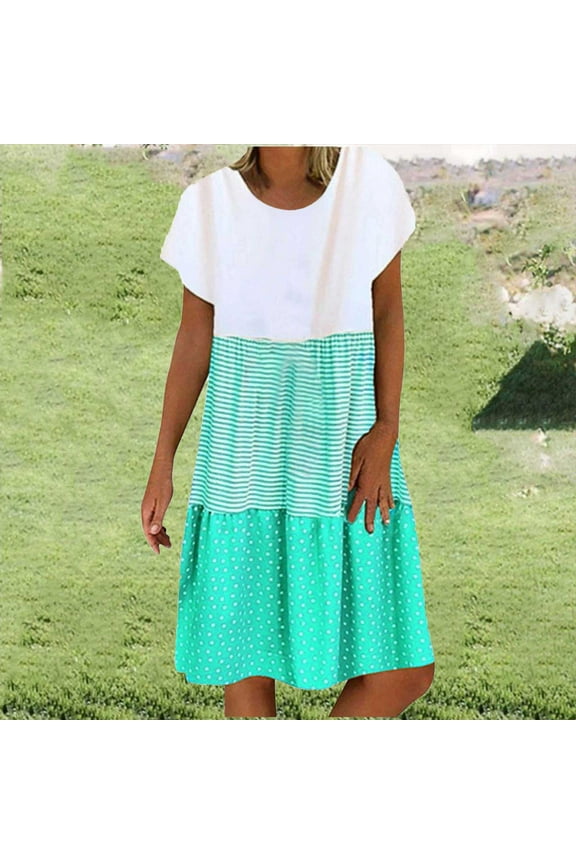 Wancir Women Striped Dresses Short Sleeve Casual Dress Round Neck Summer Loose Midi Dresses