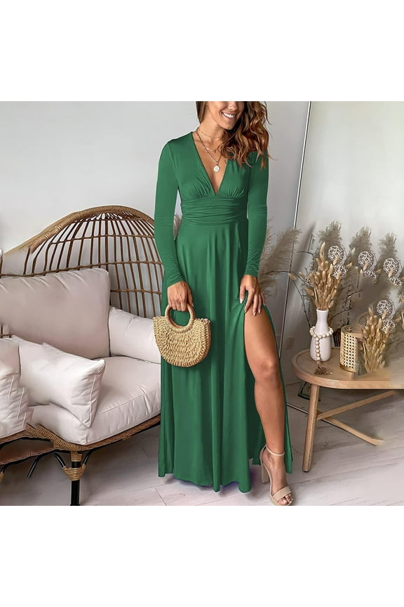 Wancir Women Summer Side Split Deep V Neck Short Sleeves Maxi Dress