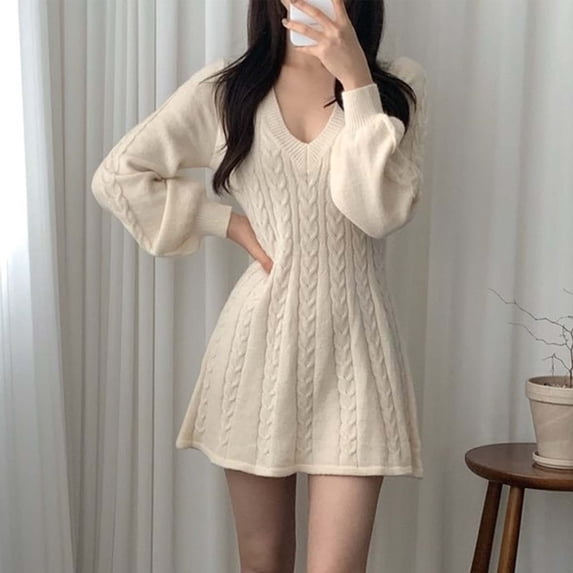 Wancir Women V Neck Sweater Dress Cable Knit Long Sleeve Pullover Sweaters