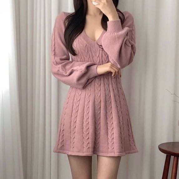 Wancir Women V Neck Sweater Dress Cable Knit Long Sleeve Pullover Sweaters