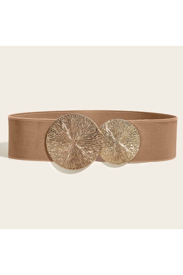 Metal Round Buckle Elastic Cinch Buckle Belt Beige/Brown INSPIRE CHICRetro Knot Woven Metal Interlocking Buckle  main image 4