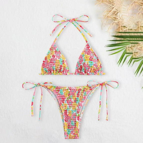 Wancir Women's 2 Piece Floral Bikini Sets Smocked Drawstring Side Triangle Halter Sexy Cute Swimsuits