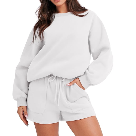 Wancir Women's 2 Piece Outfits Sets Solid Color Long Sleeve Sweatshirt and Loose Sweat Shorts Suits Summer Sweatsuits
