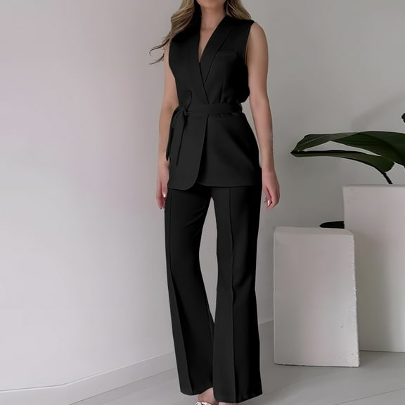 Wancir Women's 2 Piece Outfits Sleeveless Suit Vest and Wide Leg Pants Business Casual Blazer Sets